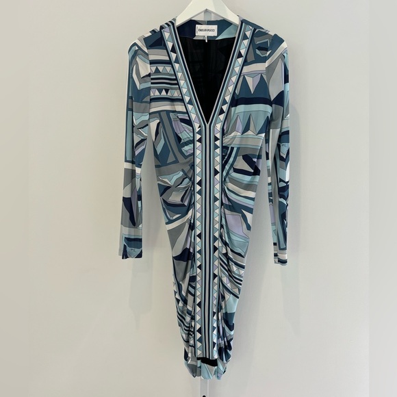 EMILIO PUCCI BLUE MULTI PRINT LONG SLEEVE DRESS SIZE IT 42 / US 8 NWOTS! - Picture 3 of 17
